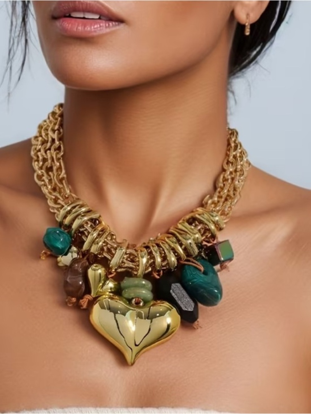 Gorgeous Heart Charm Gold Necklace Green Stones - Women Jewelry Luxe